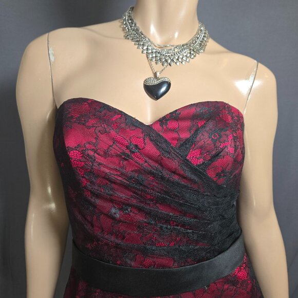 Y2K Gothic Vampy Prom Party Formal Dress Size S Red Black Lace Overlay Strapless - Picture 2 of 11